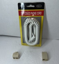 25FT 25 FEET LONG COIL CURLY PHONE CORD WHITE VINTAGE NEW SEALED  ACCESSORIES