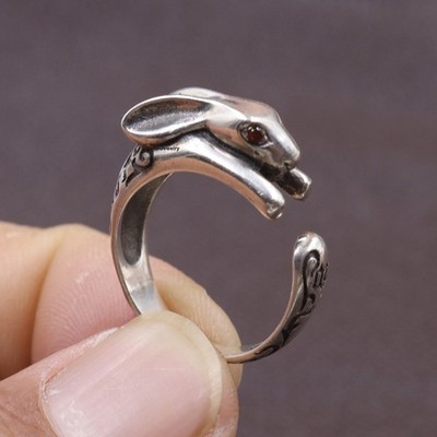 Pure 925 Sterling Silver Rabbit Shape Open Ring For Women Adjustable 6.5-7.5