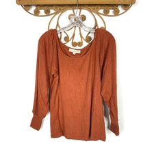 NEW Loft Pointelle Pleated Sleeve Top Sienna/burnt orange M