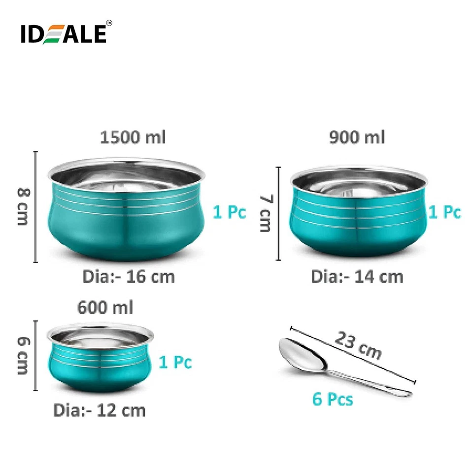 Stainless Steel Red 3 Pcs and Blue 3 Pcs Handi Set + 6 Serving Spoon - Image 2 of 4