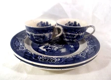 Eclectic Set Blue Willow 2 Plates 3 Cups Homer Laughlin/Royal Ironstone/Japan