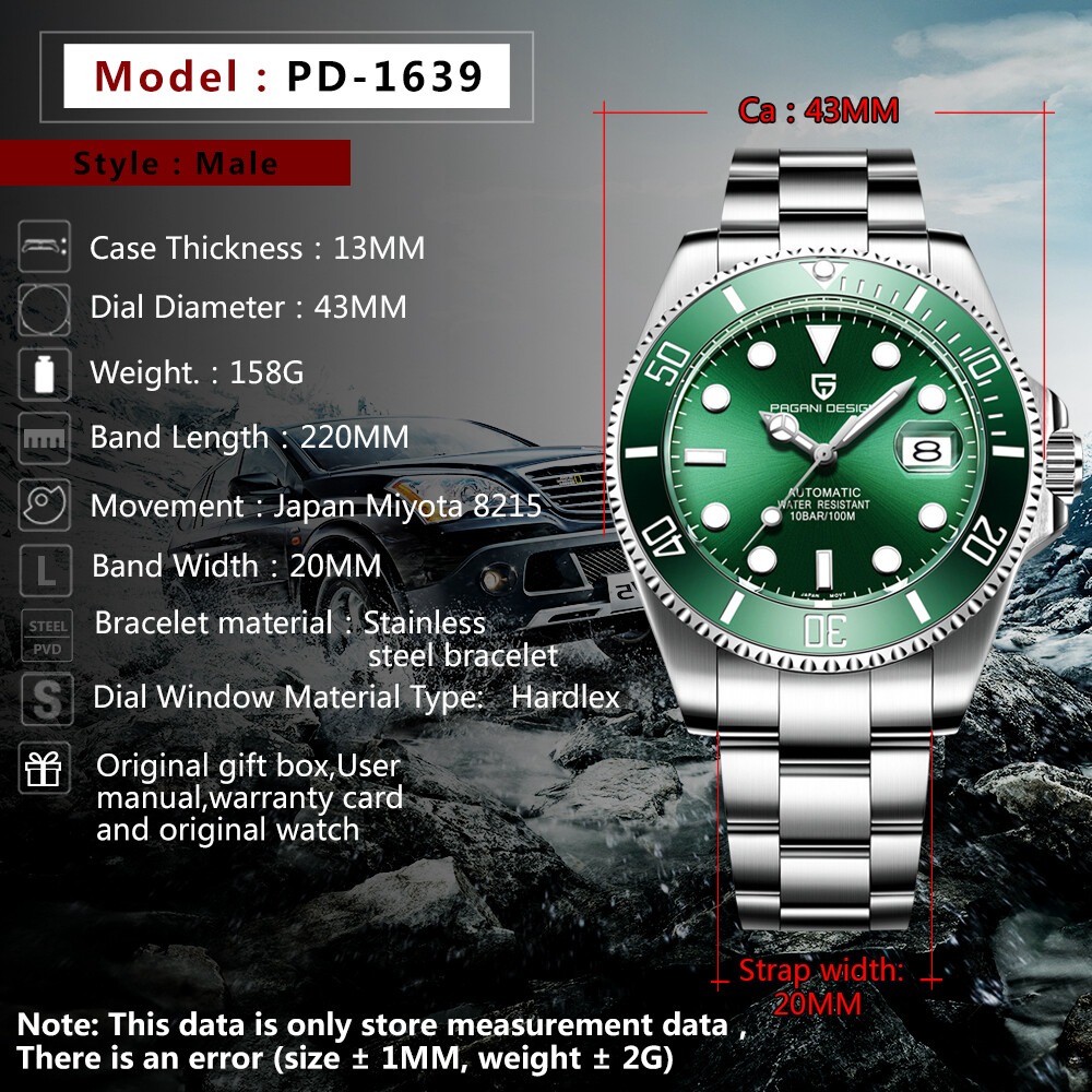 PAGANI DESIGN Mens Automatic Watch Green Dial Wrist Watch