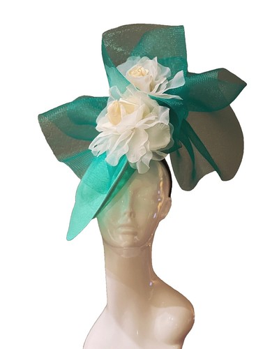Vtg Louise Green Velvet Leafy Floral Headpiece w/ Ribbon  display picture 2
