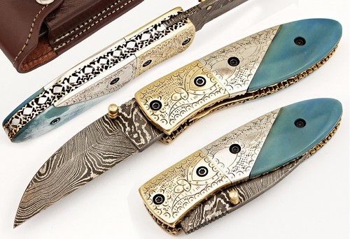 WP-Knives Custom Made Damaststahl Klappmesser Klinge / mit Scheide / 1 Stück - Bild 1 von 7