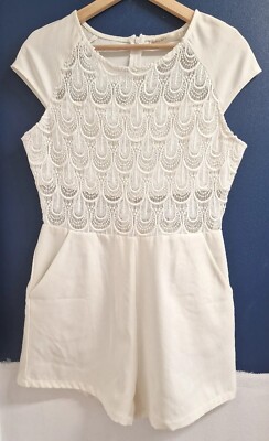 Vera & Lucy Embroidered Panel Pocket Lined Playsuit Size L 12 14 Off White Ivory