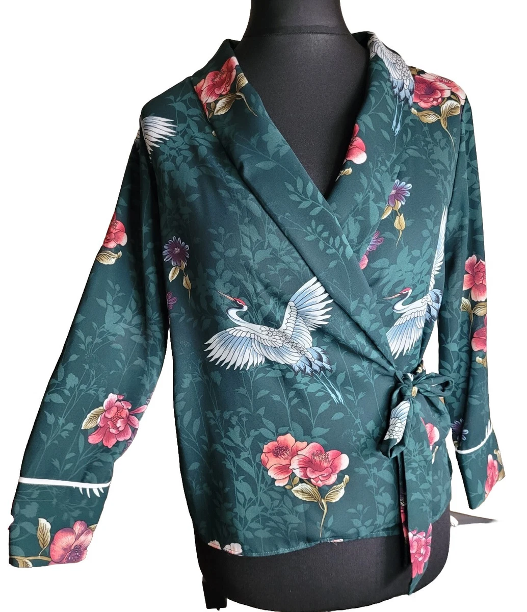 Blusa para mujer Zara Basic verde oscuro estilo kimono envolvente manga larga talla Reino Unido 12 14