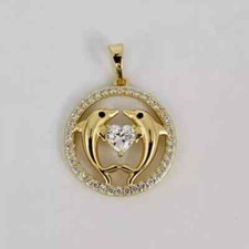 Lab Created Diamond 1.30Ct Round Couple Dolphin Pendant 14K Yellow Gold Plated