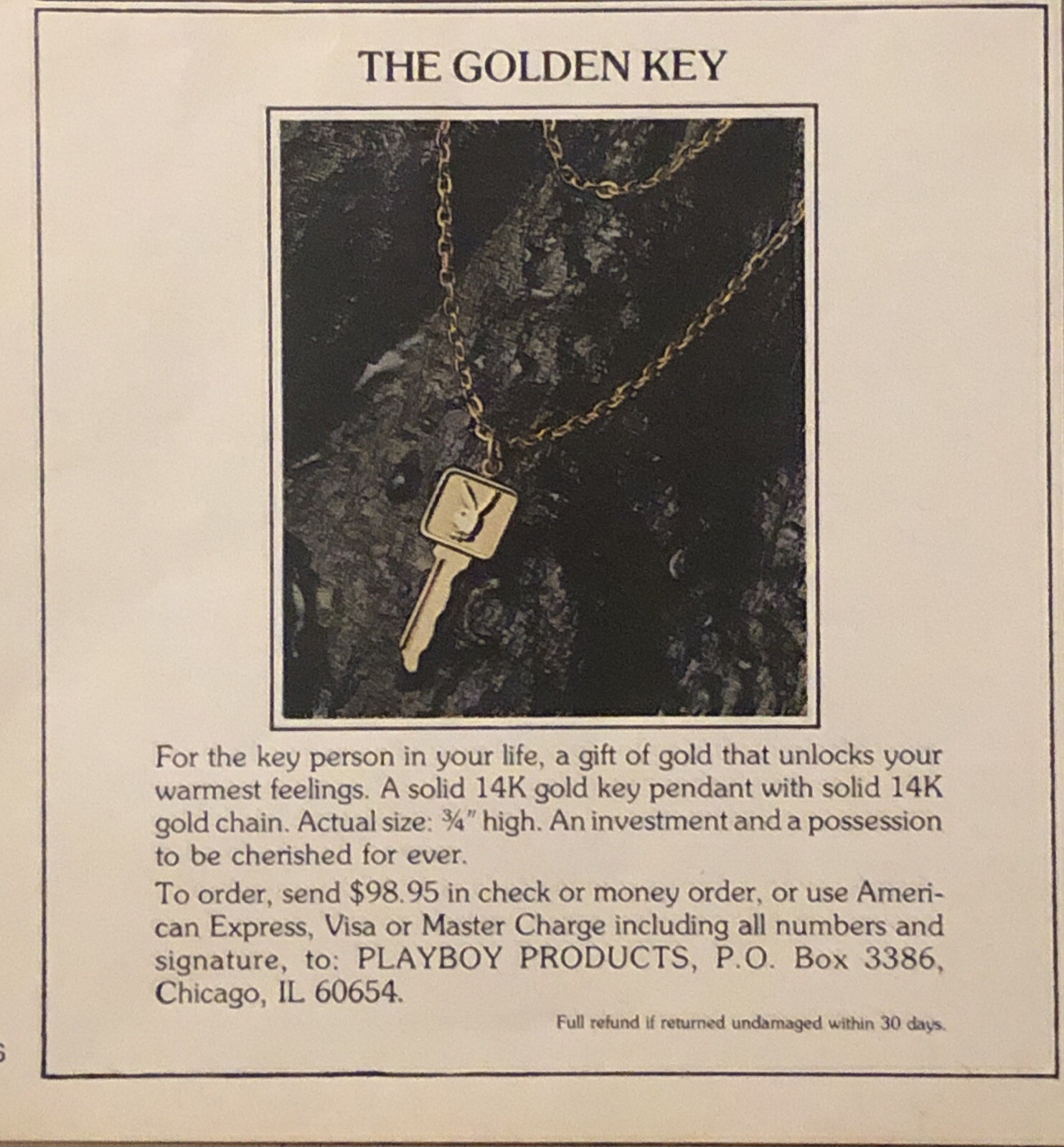 1981 The Golden Key Playboy Bunny Pendant PRINT AD Gold Necklace Jewelry VTG 80s