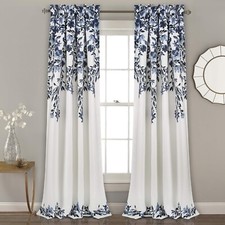 2 Panel Curtain Floral Vine Print 52"W x 84"L Navy  White Light Filtering