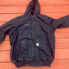 VTG CARHARTT 10337 001 BLK Lined Insulated Duck Jacket Hood L Tall Full Swing