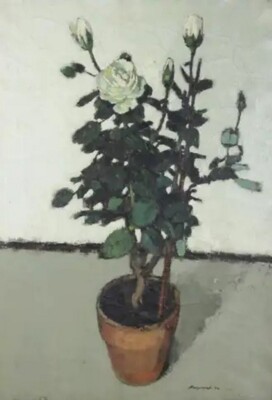 Edward Molyneux, Still Life with Potted Roses Oil on Canvas Painting, 1954