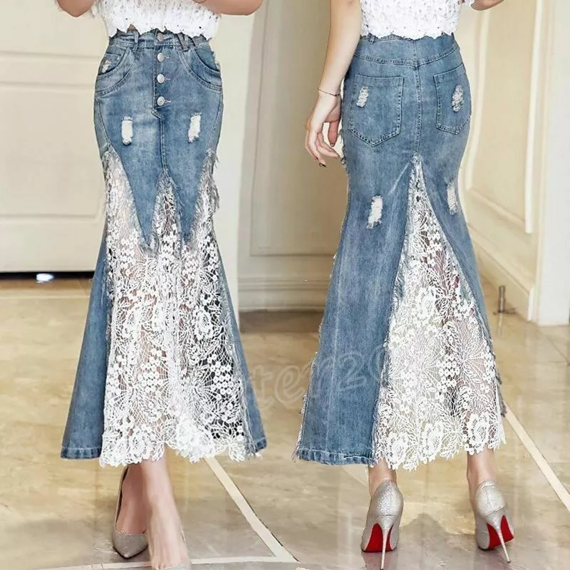 New Fashion Women's Denim Lace Mermaid Skirts Summer High Waist Jean Long  Skirts