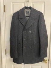 AllSaints Men’s Charcoal Wool Peacoat Size L – Double Breasted Classic Tailored