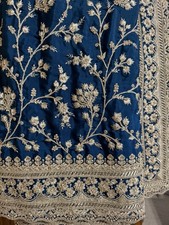 Blue and Gold Embroidered Saree Traditional Sari for Women Free Size