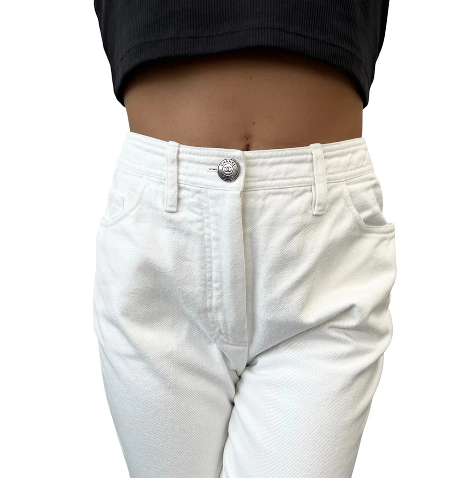 CHANEL Vintage 97C CC Logo Denim Pants #38 White Silver Cotton Stitch Pocket - Image 3 of 4