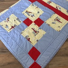 Hand Sewn USAF Air Force Crib Quilt Blanket Blue Yellow Red Rockets Jets 36 X 48