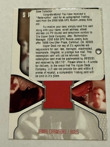 2000-2001 Upper Deck SPx REDEMPTION CARD Rookie Jersey Auto #123R Jamal Crawford - Picture 3 of 13
