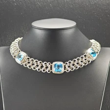 David Yurman Sterling Silver Necklace White Diamond Blue Topaz Albion Choker