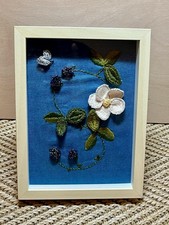 Framed Hand Embroidered & Beaded Flower Butterfly And Leaves Wall Hanging Stand