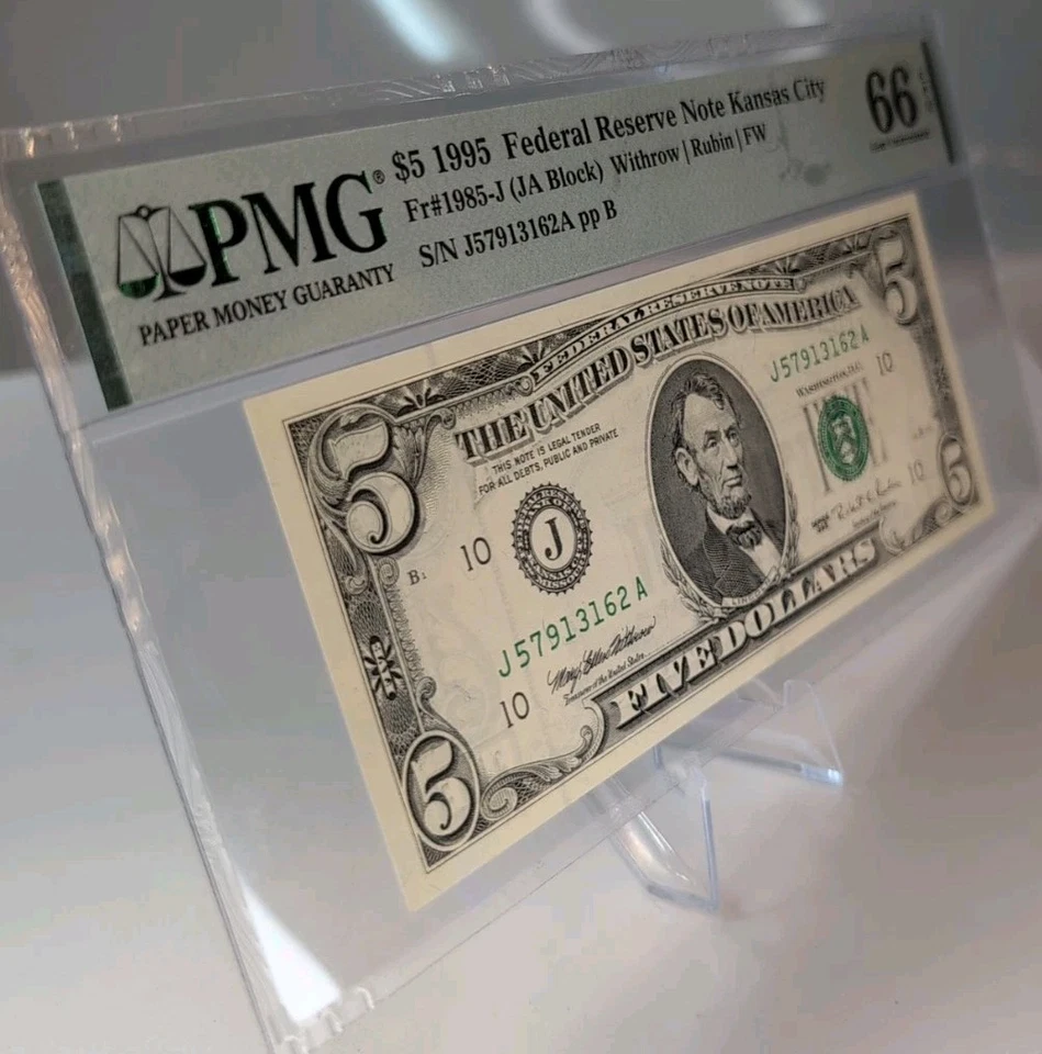 US $5 1995 PMG 66 EPQ UNC Fr #1985-J FRN Kansas City Withrow/Rubin/FW - Image 3 of 4