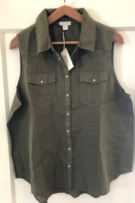 Sundance Manitou Linen Top Womens XL Olive Green Sleeveless Snap Pearl Buttons