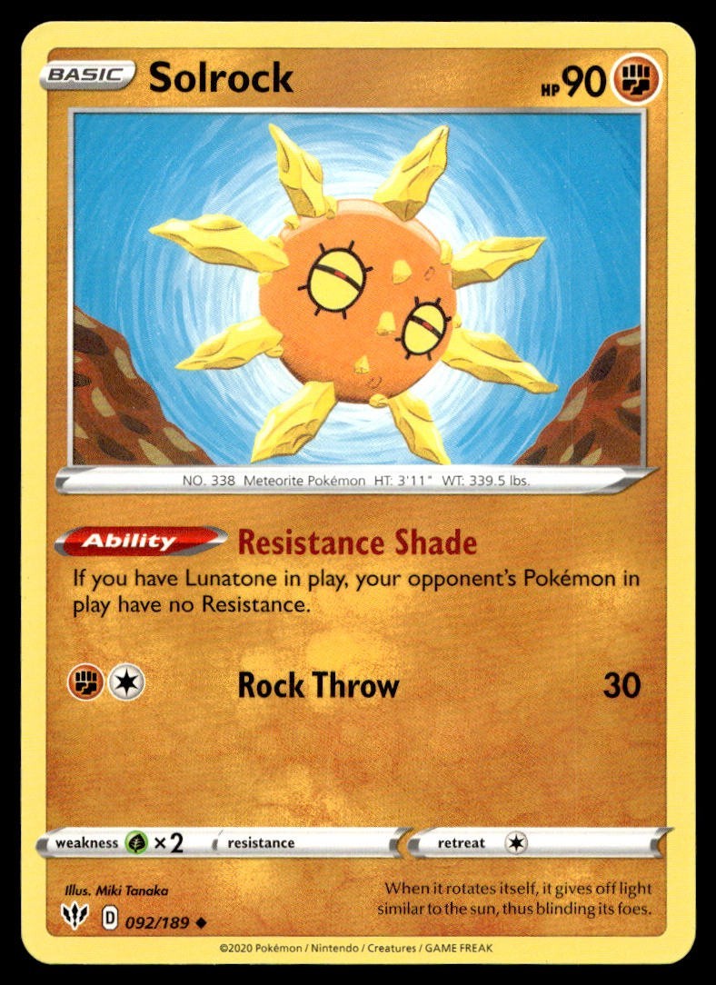 Solrock 92/189 Pokemon Card Darkness Ablaze Uncommon 90 HP Lightly Played KA