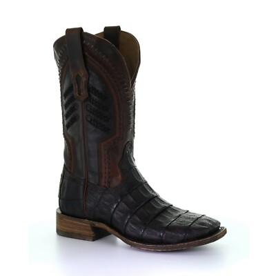 Corral Men's Oil Brown Caiman Embroidery Square Toe Boots A3878