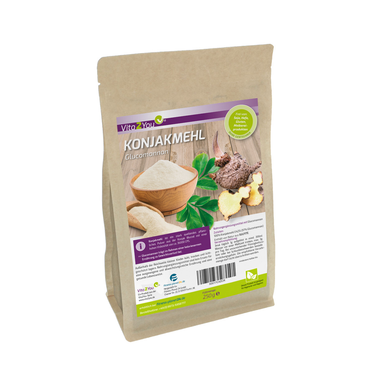Vita2You Konjakmehl 250g im Zippbeutel - Glutenfrei - feines Glucomannan Pulver