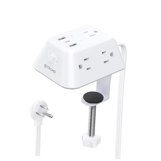 Desk Clamp Power Strip, Surge Protector with 5 AC 10Ft--with Desk Clamp White