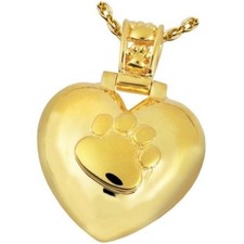 Paw Print Heart Ash Holder Cremation Urn Pendant Necklace Gold Plated Silver