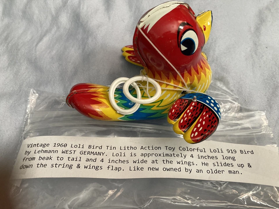 复古 1960 年 Loli Bird Tin Litho 动作玩具 五颜六色的 919 鸟雷曼 W. 德国。 — 第 4/4 张图片
