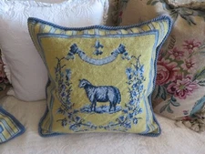 Aubusson style FRENCH COUNTRY Needlepoint Pillow Cover SHEEP Yellow w Ocean Blue