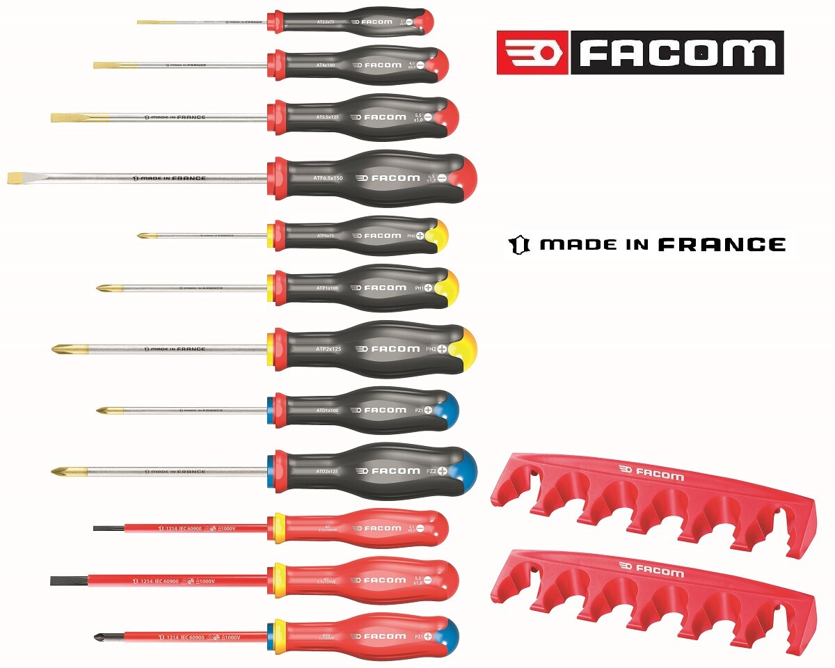 Facom AT.J12R1PB 12 Piece Protwist Screwdriver Set, Slot, PH, PZ & VDE Wall Rack