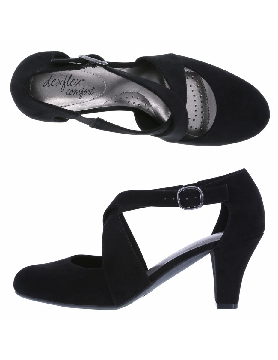 Dexflex Comfort Women s Macie Black Faux Suede Cross Strap Pump Heel Shoes