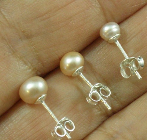 Cultured Pearl Post Earrings 3 Three pair .925 Sterling Silver 4mm 5mm 6mm Mauve - Picture 4 of 4