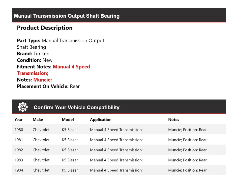 Cojinete de eje de salida de transmisión manual Timken para Chevrolet K5 Blazer 1980-1984 Foto 2 de 4