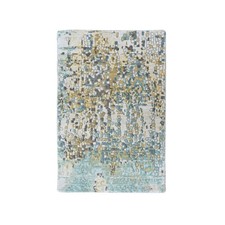 Hand Knotted Mat Rug 2'x3' Green with Gold Abstract Design Wool and Silk 10430