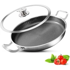13 inch paella pan, stainless steel with lid, honeycomb nonstick coati