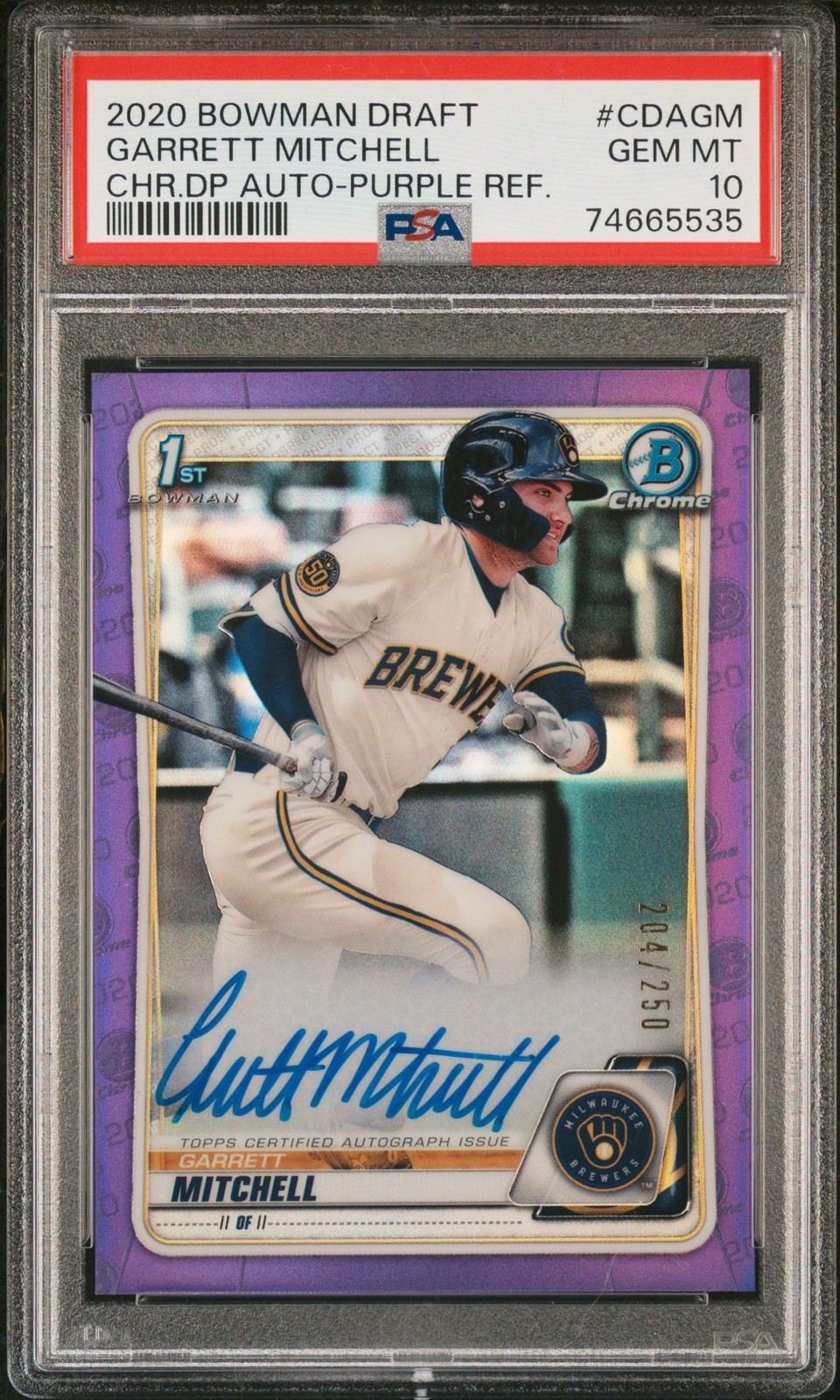 2020 Bowman Draft Garrett Mitchell 1st Purple Refractor Auto #/250 PSA 10
