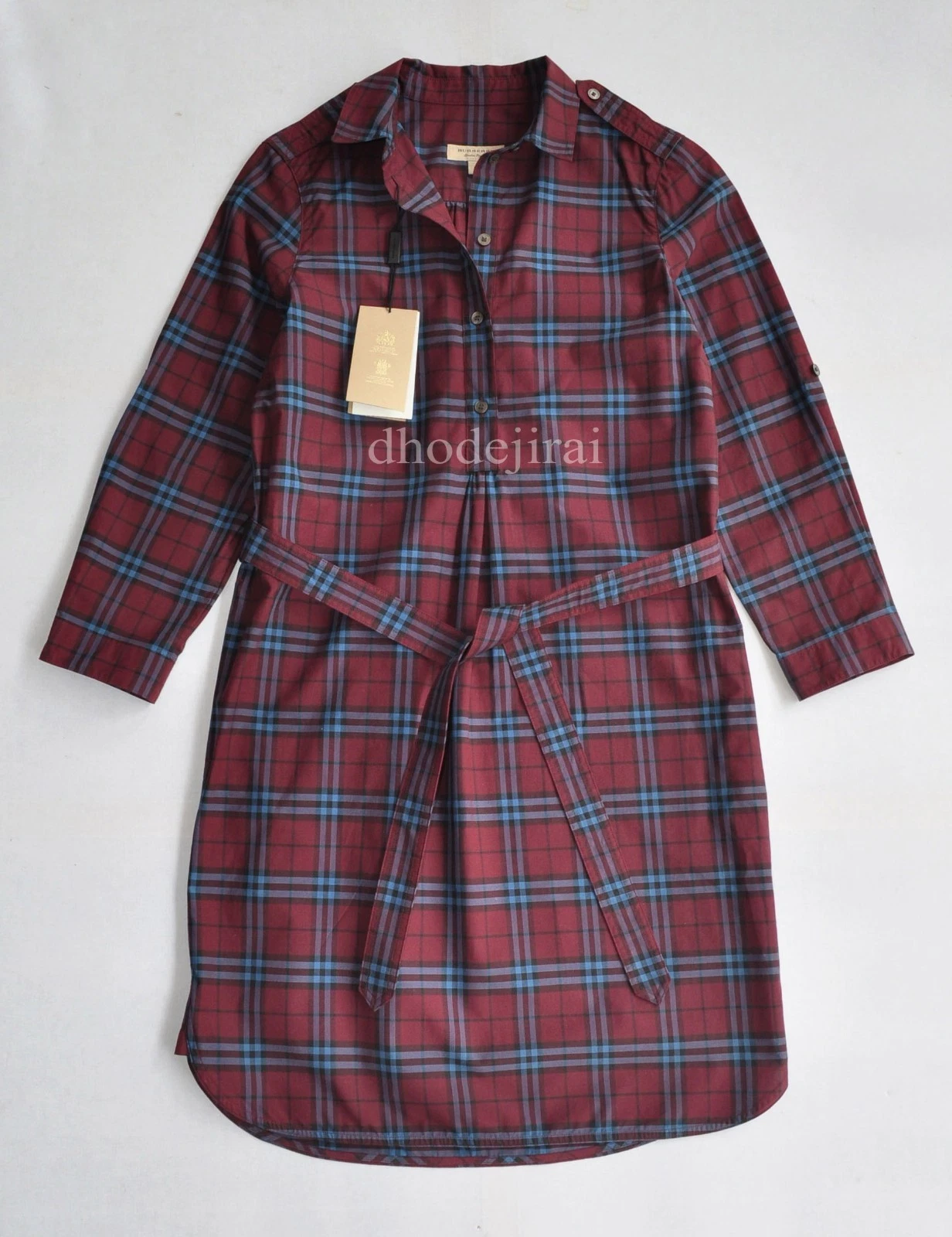 Burberry — Authenti $1150 BNWT BURBERRY Check Tie Front Shirt Dress Womens AU 4/US2 Crimson