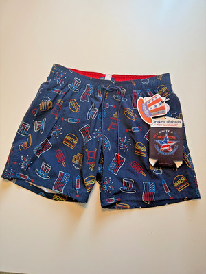 Broken Threads Men's Swim Trunks Size M Stars Navy Red White with Can Cooler