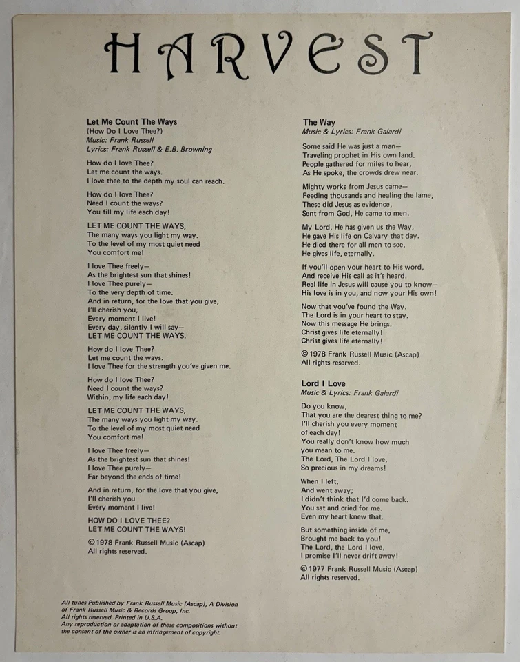 Harvest ‎– Let Me Count The Ways - Rare Private Press Xian Vinyl LP w/ Insert - Image 4 of 4