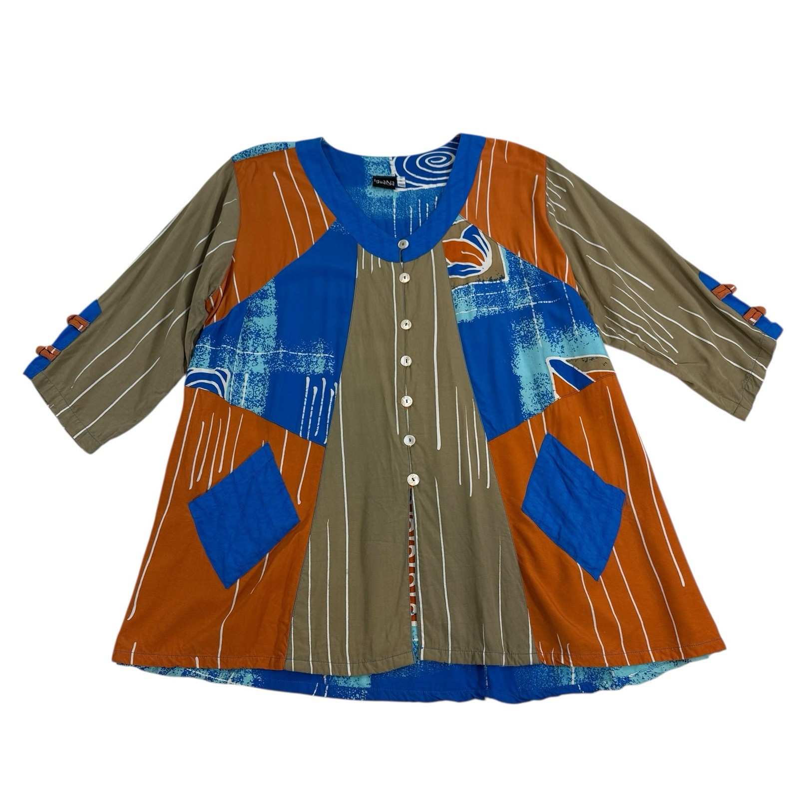 Iguana Patchwork Button Down Wearable Art Top Fes… - image 3