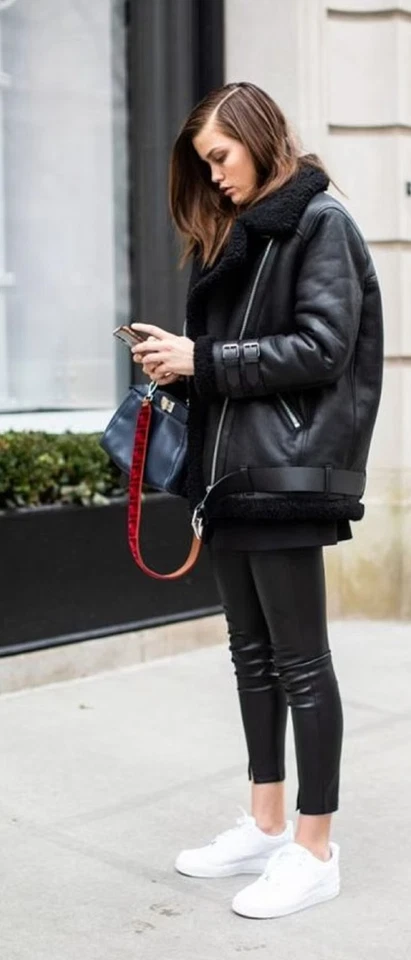 Women's Black REAL Sheep Leather Winter Coat - Black Fur Shearling Lined Jacket - Image 3 of 4