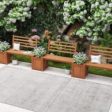 Wood Outdoor Planter Box with Bench Garden Seat with 2 Flower Boxes and Backrest