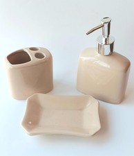 3 Pc Bathroom Set, Beige Ceramic, Soap Pump, Dish  Toothbrush holder NEW