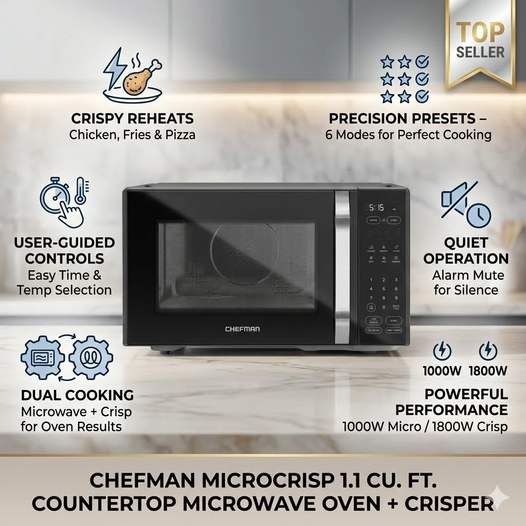 Chefman Microcrisp 1.1 cu ft Countertop Microwave Oven Crisper 1800W
Opens in a new window or tab
