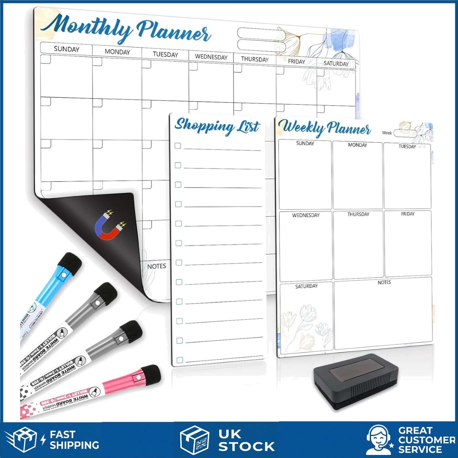Magnetic Fridge Planner Dry Erase Monthly Weekly Calendar 3 Pc Set