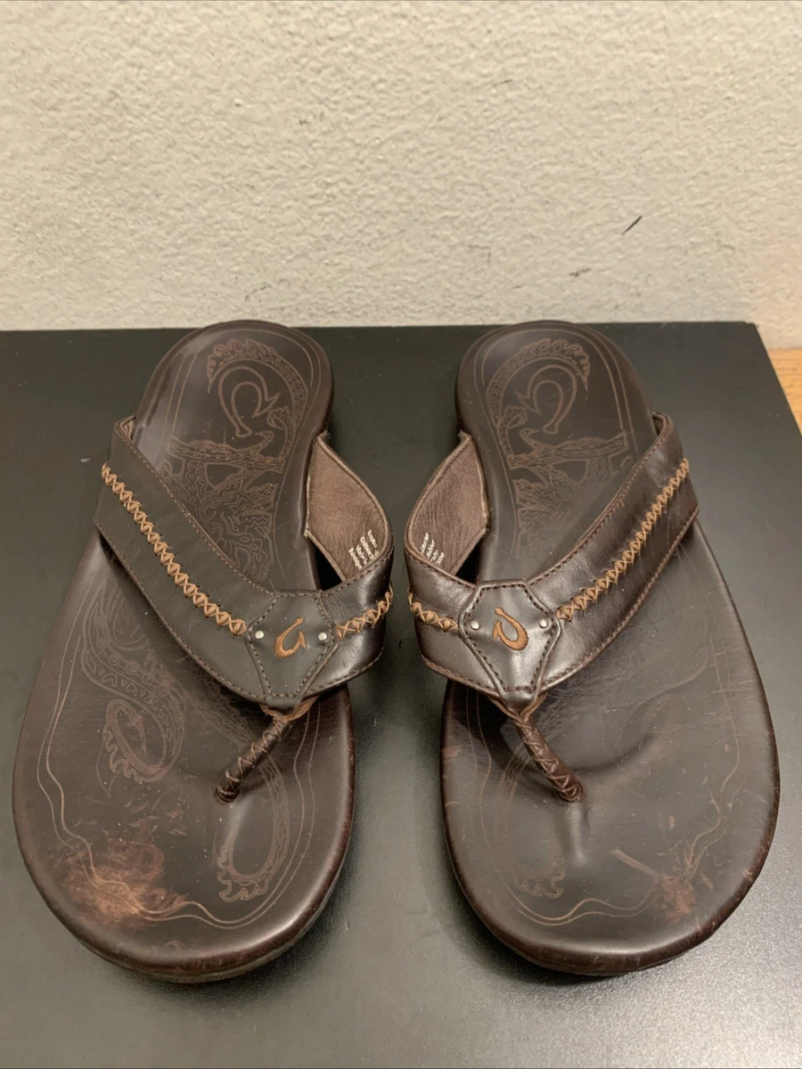 Olukai Men\'s Mea Ola US12 Brown Leather Embroidered Slip On Flat Thong Sandals OluKai Mea Ola Leather Large Size Flip-Flop Sandals  main image 2