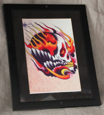 Tattoo Flash Art Flaming Skull Artist Unknown Framed 9.75" x 12.25"